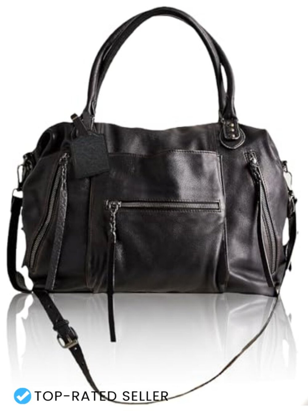 Vegan Leather Large Tote Bag with Zipper, Adjustable Strap